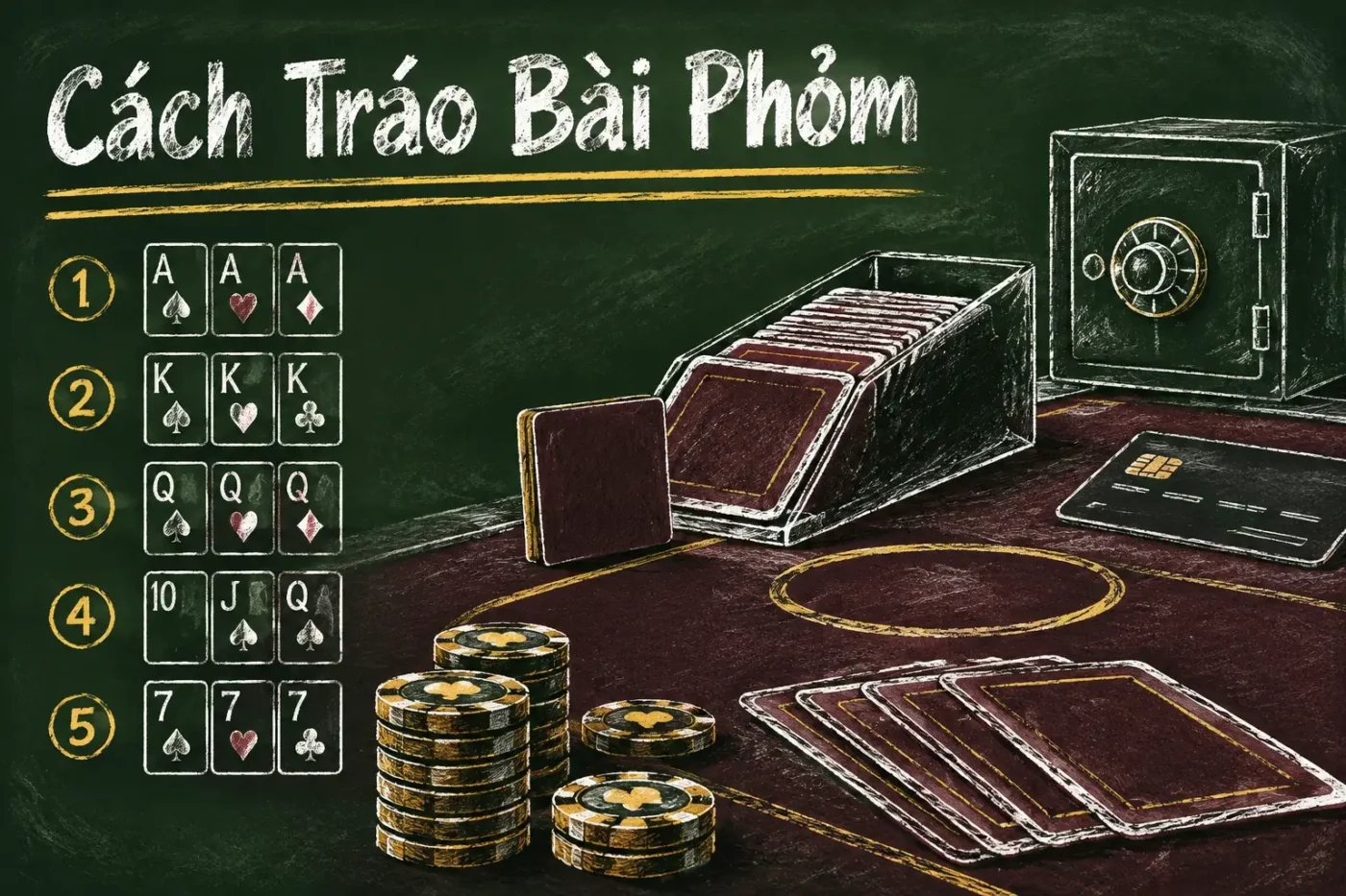 Tráo bài phỏm là hành động thay đổi vị trí của các lá bài trên bàn chơi trong quá trình chơi nhằm đánh lừa đối thủ hoặc tạo